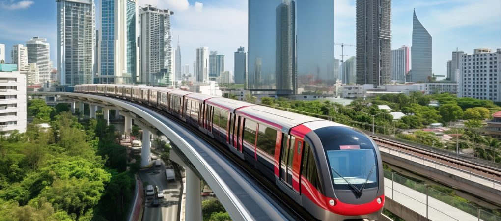red-train-is-going-down-tracks-front-city-skyline
